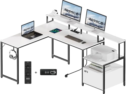 JUMMICO Eckschreibtisch 170x120cm mit USB-Ladeanschluss und Steckdose Schreibtisch L Form mit MonitorstäNder Ecktisch mit Schubladen,Computertisch FüR HeimbüRo(Weiß) von JUMMICO