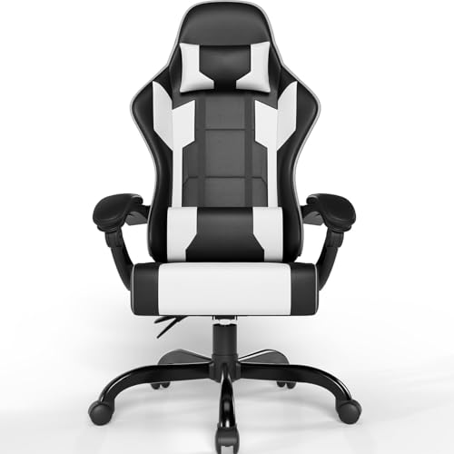 JUMMICO Gaming Stuhl, Bürostuhl Ergonomisch mit Lendenwirbelstütze, Massage Bürostühle Sessel, Höhenverstellbar Liegestuhl Schreibtischstuhl 150kg Belastbarkeit, Schwarz Weiß von JUMMICO