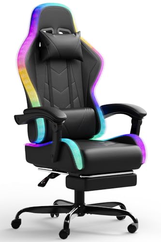 JUMMICO Gaming Stuhl mit led, Cool Racing Gamer Stuhl, Ergonomischer Bürostuhl mit Massagefunktion, Verstellbare Rückenlehne 90-135°, mit Teleskop Fußstütze, Gamingstuhl 150 kg belastbarkeit, Schwarz von JUMMICO