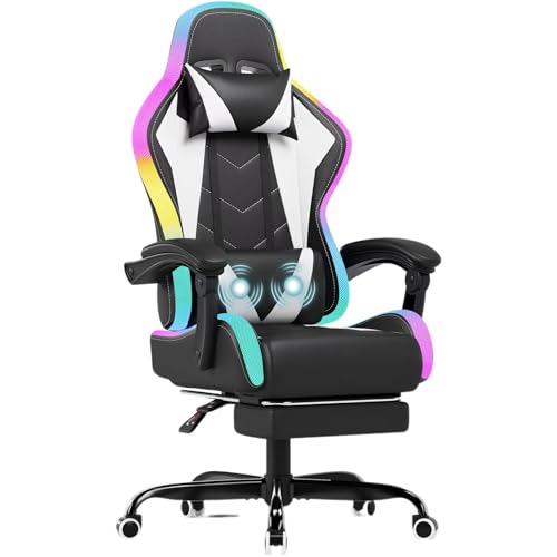 JUMMICO Gaming Stuhl mit led, Cool Racing Gamer Stuhl, Ergonomischer Bürostuhl mit Massagefunktion, Verstellbare Rückenlehne 90-135°, mit Teleskop Fußstütze, Gamingstuhl 150 kg belastbarkeit, Weiß von JUMMICO