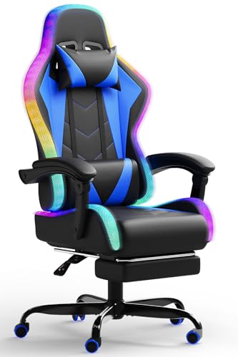 JUMMICO Gaming Stuhl mit led, Cool Racing Gamer Stuhl, Ergonomischer Bürostuhl mit Massagefunktion, Verstellbare Rückenlehne 90-135°, mit Teleskop Fußstütze, Gamingstuhl 150 kg belastbarkeit, Blau von JUMMICO