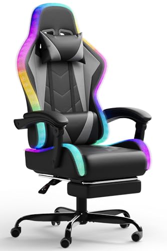 JUMMICO Gaming Stuhl mit led, Cool Racing Gamer Stuhl, Ergonomischer Bürostuhl mit Massagefunktion, Verstellbare Rückenlehne 90-135°, mit Teleskop Fußstütze, Gamingstuhl 150 kg belastbarkeit, Graue von JUMMICO