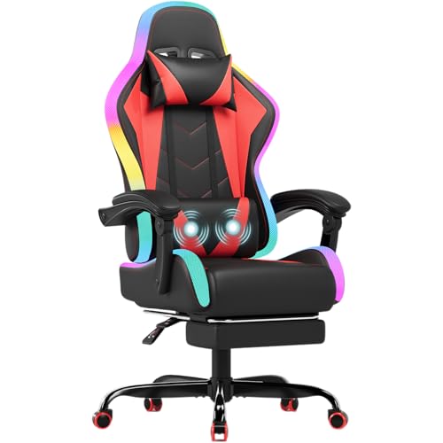 JUMMICO Gaming Stuhl mit led, Cool Racing Gamer Stuhl, Ergonomischer Bürostuhl mit Massagefunktion, Verstellbare Rückenlehne 90-135°, mit Teleskop Fußstütze, Gamingstuhl 150 kg belastbarkeit, rot JUMMICO Gaming Stuhl mit led, Cool Racing Gamer Stuhl, Ergonomischer Bürostuhl mit Massagefunktion, Verstellbare Rückenlehne 90-135°, mit Teleskop Fußstütze, Gamingstuhl 150 kg belastbarkeit, rot von JUMMICO