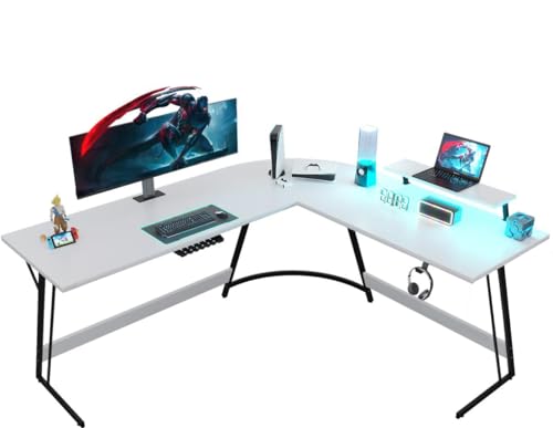 JUMMICO Gaming Tisch 130cm mit LED und Monitorständer,Eckschreibtisch mit Tasche Stauraum,Groß L-förmiger Schreibtische Pc Ecktisch mit Kabelmanagement,Tassenhalter und Kopfhörerhaken,Weiß von JUMMICO