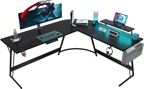 JUMMICO Gaming Tisch 160cm mit LED und Monitorständer,Eckschreibtisch mit Tasche Stauraum,Groß L-förmiger Schreibtisch Pc Ecktisch mit Kabelmanagement,Tassenhalter und Kopfhörerhaken,Schwarz von JUMMICO