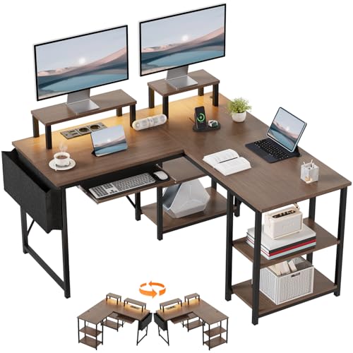 JUMMICO Gaming Tisch mit LED 140 x 140 cm, Schreibtisch L-förmiger mit Monitor Ständer und Ablagefach,Reversible Eckschreibtisch Computertisch mit 2 Steckdosen 2 USB und Aufbewahrungstasche, Walnuss von JUMMICO