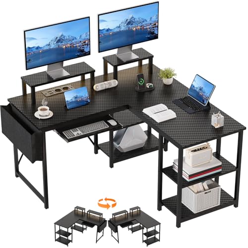 JUMMICO Gaming Tisch mit LED 140 x 140 cm, Schreibtisch L-förmiger mit Monitor Ständer und Ablagefach,Reversible Eckschreibtisch Computertisch mit 2 Steckdosen 2 USB und Aufbewahrungstasche, Schwarz von JUMMICO