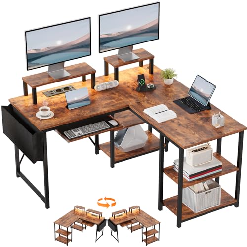 JUMMICO Gaming Tisch mit LED 140 x 140 cm, Schreibtisch L-förmiger mit Monitor Ständer und Ablagefach,Reversible Eckschreibtisch Computertisch mit 2 Steckdosen 2 USB und Aufbewahrungstasche, Braun von JUMMICO