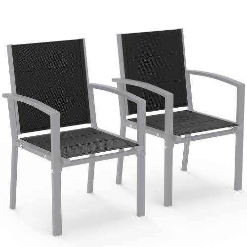 JUMMICO Garten Stapelstühle mit Armlehnen, Aluminium Outdoor Garten Stühle mit Baumwollsitz für Balkon, Terrasse, Garten - Set aus 2 Stück, HellGrau von JUMMICO