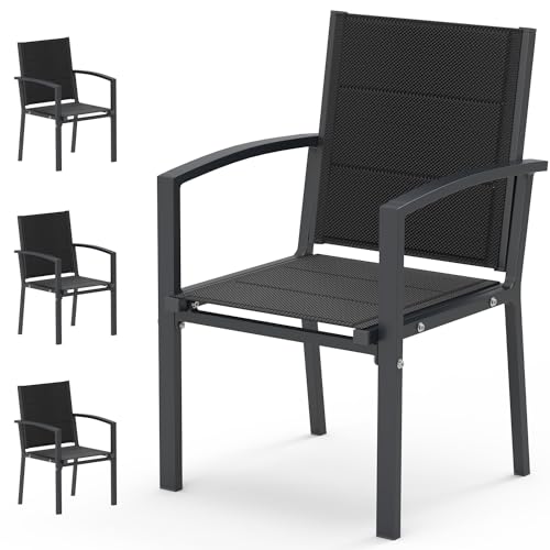 JUMMICO Garten Stapelstühle mit Armlehnen, Aluminium Outdoor Garten Stühle mit Baumwollsitz für Balkon, Terrasse, Garten - Set aus 4 Stück, DunkelGrau von JUMMICO