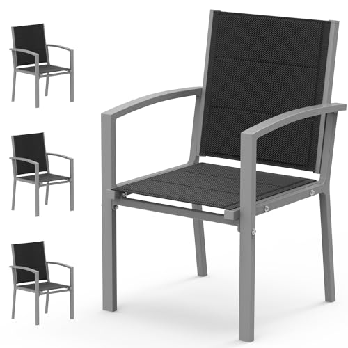 JUMMICO Garten Stapelstühle mit Armlehnen, Aluminium Outdoor Garten Stühle mit Baumwollsitz für Balkon, Terrasse, Garten - Set aus 4 Stück, HellGrau von JUMMICO
