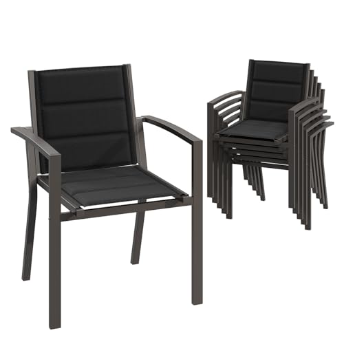 JUMMICO Garten Stapelstühle mit Armlehnen, Aluminium Outdoor Garten Stühle mit Baumwollsitz für Balkon, Terrasse, Garten - Set aus 6 Stück, Braun von JUMMICO