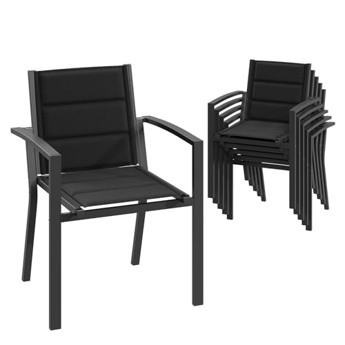JUMMICO Garten Stapelstühle mit Armlehnen, Aluminium Outdoor Garten Stühle mit Baumwollsitz für Balkon, Terrasse, Garten - Set aus 6 Stück, DunkelGrau von JUMMICO
