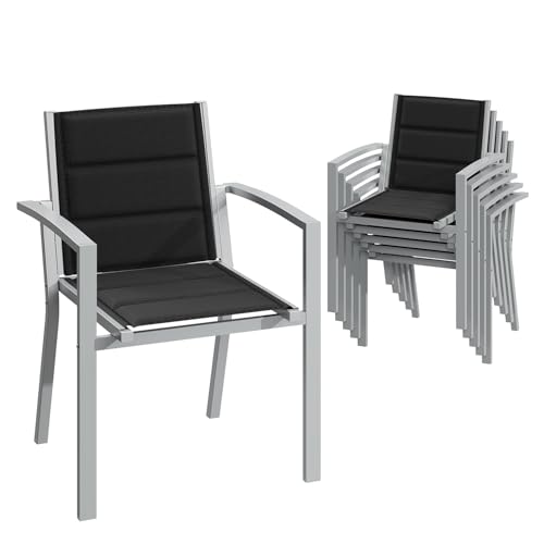 JUMMICO Garten Stapelstühle mit Armlehnen, Aluminium Outdoor Garten Stühle mit Baumwollsitz für Balkon, Terrasse, Garten - Set aus 6 Stück, HellGrau von JUMMICO
