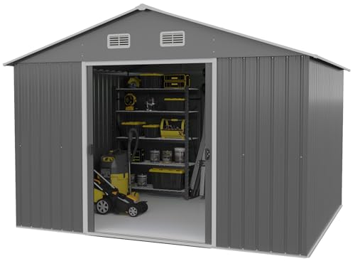 JUMMICO Geräteschuppen Wetterfest XL-9.6m³ mit Doppeltes Schrägdach, Schiebetür und Fundament 174x279x199cm Gartenhaus Metall Fahrradgarage Stahlschuppen Gartenhütte Gerätehäuser Shed, Anthrazitgrau von JUMMICO