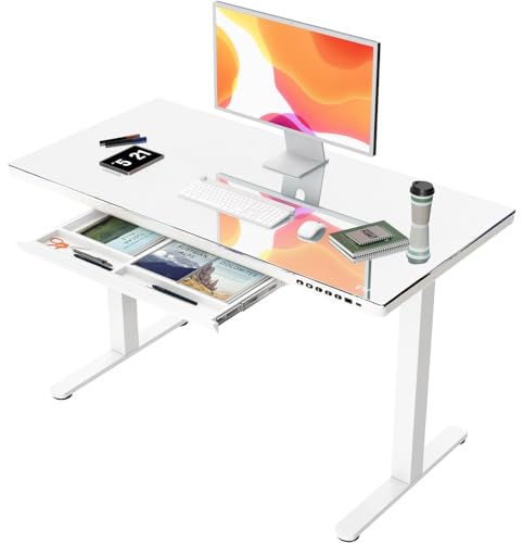 JUMMICO Glas Höhenverstellbarer Schreibtisch, Elektrischer Schreibtisch mit Schublade， 120x60 cm Steh-Sitz-Schreibtisch， Standing Desk für Homeoffice， Weiß von JUMMICO
