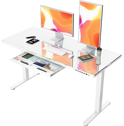 JUMMICO Glas Höhenverstellbarer Schreibtisch, Elektrischer Schreibtisch mit Schublade， 140x70 cm Steh-Sitz-Schreibtisch， Standing Desk für Homeoffice， Weiß von JUMMICO