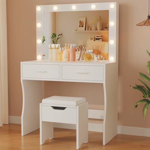 JUMMICO Große Schminktisch mit LED Beleuchtung und Große Spiegel 90 x 40 cm, Einstellbare Helligkeit und Farbtemperatur, Kosmetiktisch mit 11 LED Glühbirne, Weiß von JUMMICO