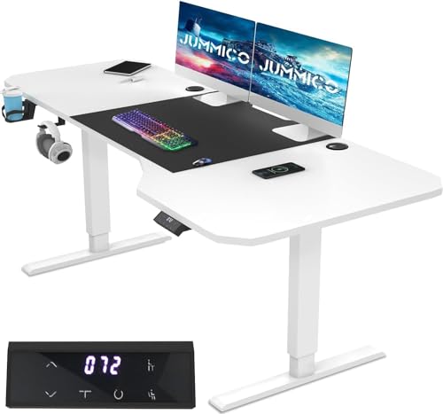 JUMMICO HöHenverstellbarer Schreibtisch Weiß 160 x 75 cm L-förmiger Schreibtisch Höhenverstellbar Elektrisch,Ergonomie Gaming Tisch mit Becherhalter, Haken (Weiß) von JUMMICO