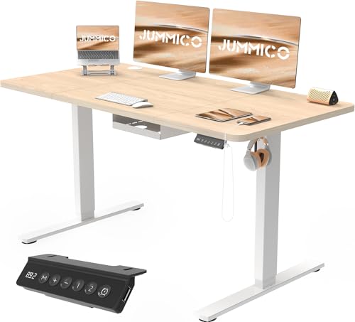 JUMMICO Höhenverstellbarer Schreibtisch 140x70 cm mit Schubladen, Schreibtisch Höhenverstellbar Elektrisch mit USB-Buchse und Kabelwanne,Steh-Sitztisch Stehpult mit Rollen (Beige) von JUMMICO