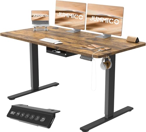JUMMICO Höhenverstellbarer Schreibtisch 140x70 cm, Schreibtisch Höhenverstellbar Elektrisch mit USB-Buchse und Kabelwanne,Steh-Sitztisch Stehpult mit Rollen (Vintagebraun) von JUMMICO