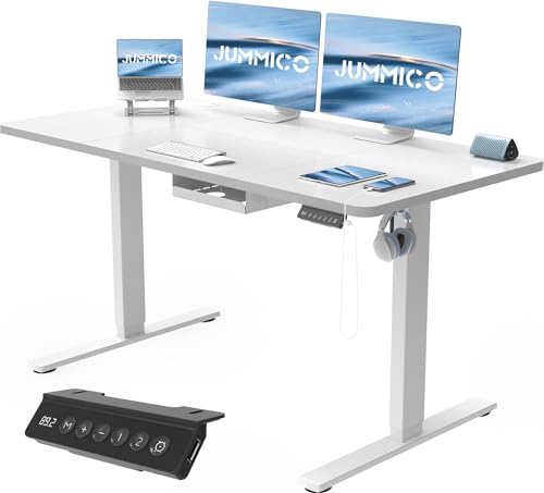 JUMMICO Höhenverstellbarer Schreibtisch 140x70 cm mit Schubladen, Schreibtisch Höhenverstellbar Elektrisch mit USB-Buchse und Kabelwanne,Steh-Sitztisch Stehpult mit Rollen (Weiß) von JUMMICO