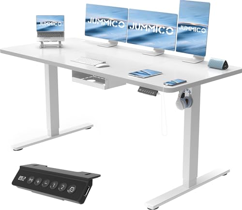 JUMMICO Höhenverstellbarer Schreibtisch 160x70 cm mit Schubladen, Schreibtisch Höhenverstellbar Elektrisch mit USB-Buchse und Kabelwanne,Steh-Sitztisch Stehpult mit Rollen (Weiß) von JUMMICO