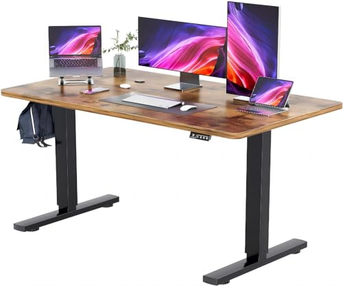 Höhenverstellbarer Schreibtisch 160x70 cm mit USB und 2-Funktions-Memory,Schreibtisch Höhenverstellbar Elektrisch mit Kabelwanne,Standing Desk mit Rollen (Vintagebraun) von JUMMICO