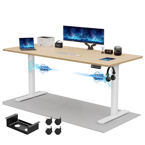 JUMMICO Höhenverstellbarer Schreibtisch 160x80 cm, Elektrisch mit Dualmotor, 100 kg Tragkraft & Kabelmanagement, 3 Höhenspeicher & USB-C, Stehschreibtisch für Homeoffice (Beige) von JUMMICO