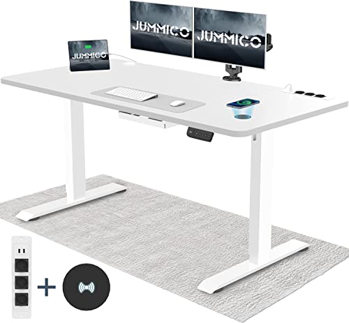 JUMMICO Höhenverstellbarer Schreibtisch 160x80 cm mit USB Steckdose und Kabelloses Ladepad, Schreibtisch Höhenverstellbar Elektrisch mit PC Kabelmanagement und Rollen, Verstellbarer Stehpult, Weiß von JUMMICO