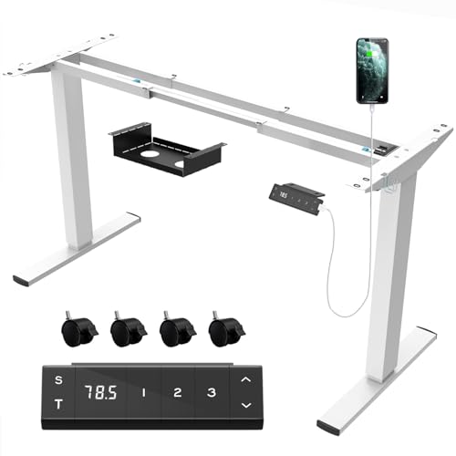 JUMMICO Höhenverstellbarer Schreibtisch Gestell mit USB-Buchse und Kabelwanne, Elektrisch Stufenlos Höhenverstellbar Ttischgestell mit Rollen,Steh Schreibtisch Stehpult（Weiß） von JUMMICO