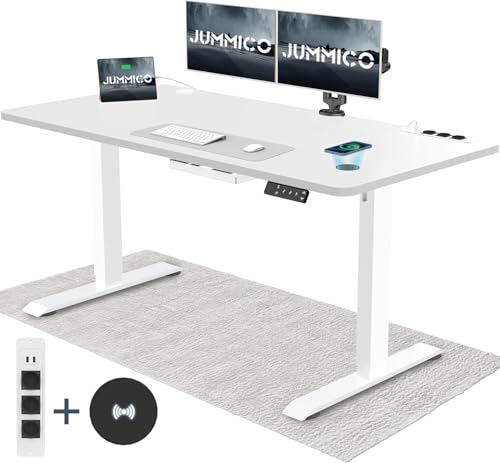 JUMMICO Höhenverstellbarer Schreibtisch mit Kabelloser Ladestation und Euro-Steckdose mit USB, Schreibtisch Höhenverstellbar Elektrisch Stehtisch, Standing Desk (Weiß 140x70cm) von JUMMICO