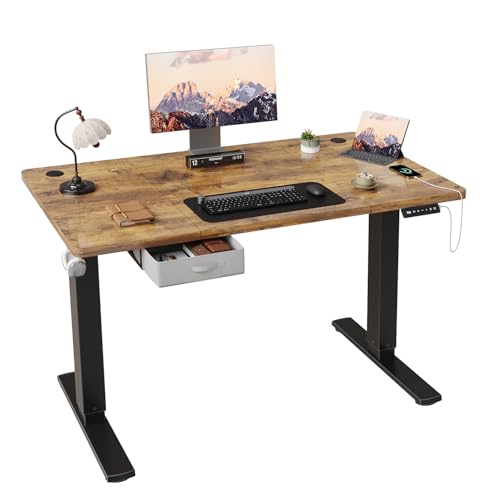 JUMMICO Höhenverstellbarer elektrischer Stehtisch 140 x 80 cm mit Schublade und Haken Höhenverstellbarer Sitz-Steh-Tisch mit stabilem Stahlrahmen, Rustikales Braun von JUMMICO