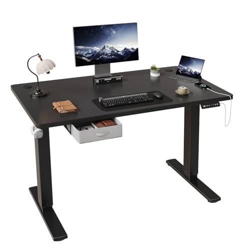 JUMMICO Höhenverstellbarer elektrischer Stehtisch 140 x 80 cm mit Schublade und Haken – Höhenverstellbarer Sitz-Steh-Tisch mit stabilem Stahlrahmen, breiter Stehtisch für das Homeoffice, schwarz von JUMMICO