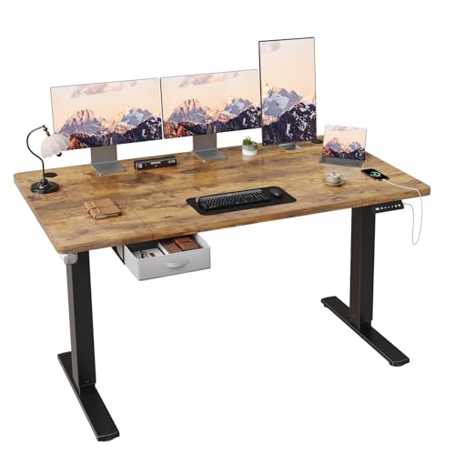 JUMMICO Höhenverstellbarer elektrischer Stehtisch 160 x 80 cm mit Schublade und Haken Höhenverstellbarer Sitz-Steh-Tisch mit stabilem Stahlrahmen, Rustikales Braun von JUMMICO