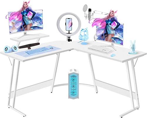 JUMMICO L-förmiger Schreibtisch,Gaming Tisch mit Monitorständer,Ergonomischer Computertisch,Eckschreibtisch,Gaming Schreibtisch L Form,Groß Pc Ecktisch,130x130x75cm, Kohlefaser Weiß von JUMMICO