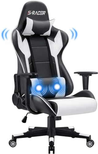 JUMMICO Massage Gaming Stuhl, Bürostuhl Ergonomisch mit Lendenwirbelstütze, Computerstühle Racing Bürostühle Sessel, Höhenverstellbar Liegestuhl Schreibtischstuhl 150kg Belastbarkeit, Weiß von JUMMICO