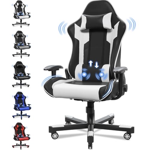 JUMMICO Massage Gaming Stuhl, Bürostuhl Ergonomisch mit Lendenwirbelstütze, Computerstühle Racing Bürostühle Sessel, Höhenverstellbar Liegestuhl Schreibtischstuhl 150kg Belastbarkeit, Weiß von JUMMICO