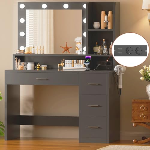 JUMMICO Schminktisch mit LED Beleuchtung und Steckdosen, Schminktisch mit Spiegel Kosmetiktisch mit 4 Schublade 10 LED Glühbirne, Schwarz von JUMMICO
