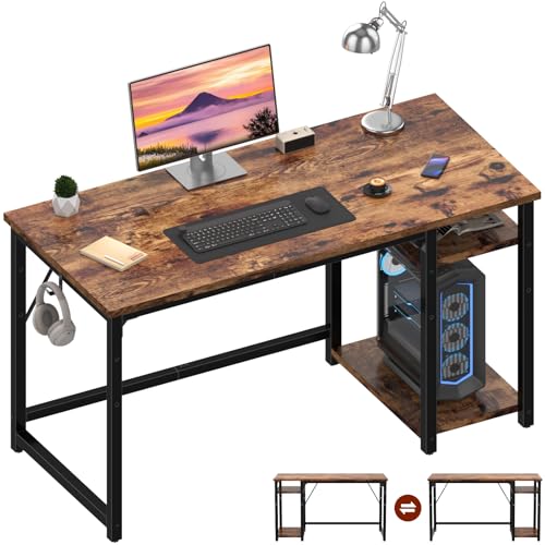 JUMMICO Schreibtisch 120cm mit höhenverstellbaren Regalen, Computertisch mit Stauraum, stabile Stahlkonstruktion – Rechts- oder Linksschreibtisch – Rustikales Braun von JUMMICO