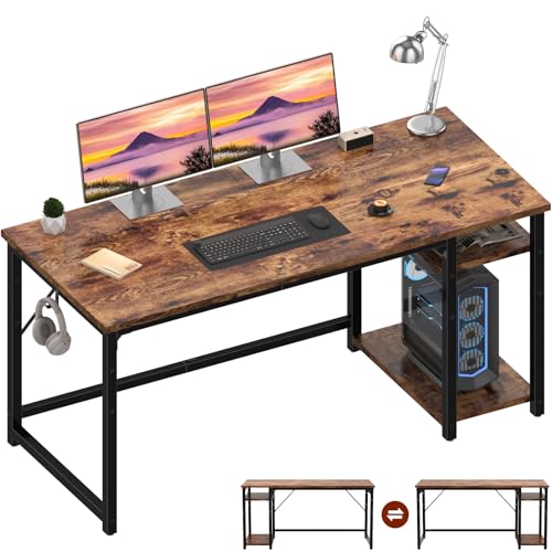 JUMMICO Schreibtisch 140cm mit höhenverstellbaren Regalen, Computertisch mit Stauraum, stabile Stahlkonstruktion – Rechts- oder Linksschreibtisch – Rustikales Braun von JUMMICO