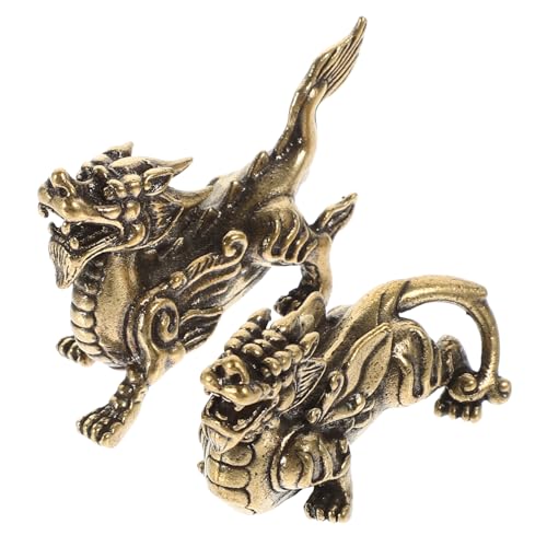 JUMPLAWN 2Stücke Messing Kylin Figuren Vintage Feng Shui Drachenornament für Schreibtisch Miniatur Tierstatue Langlebige Tischverzierung für Zuhause und Büro von JUMPLAWN