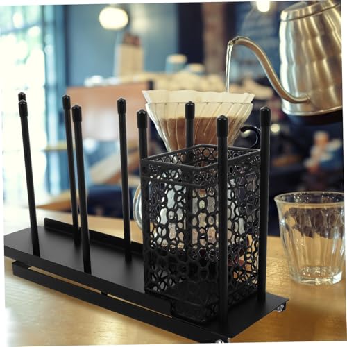 JUMPLAWN Verstellbarer Metall Kaffeebecherhalter mit Strohhalthalter Fach Kaffee und Einwegbecherspender Robuster Organizer für Kaffeestation Bar und Thekenaufbewahrung Schwarz von JUMPLAWN
