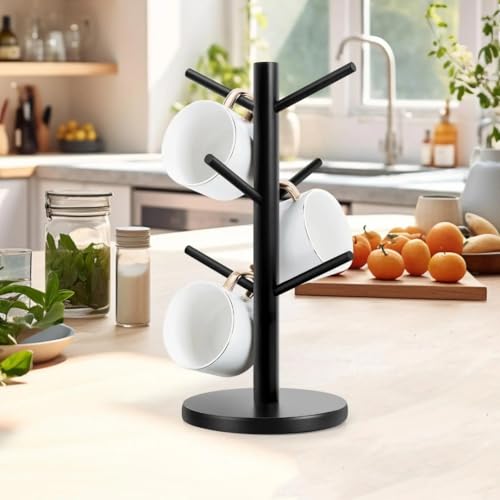 JUMRHFAN Kaffeebecherhalter, Bambusbecherbaum mit dickerem Boden, Kaffeetassenständer, Becherhalter für die Theke, Kaffeebecherregal, Organizer mit 6 Haken (Schwarz) von JUMRHFAN