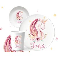 Kindergeschirr Set Melamin Personalisiert Mit Namen/Einhorn Kinderteller Mädchen Geschirr Kinder Geschenk Zur Taufe Geburt von JUNALOO
