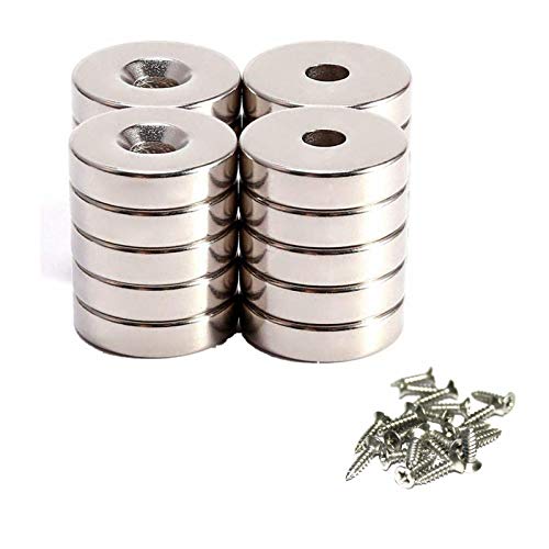 JUNAN Neodym Scheiben Senkloch Magnete, 20 Stück 10 mm x 3 mm Loch, 3 mm, starke, permanente Seltenerd-Magnete mit 20 Schrauben von JUNAN