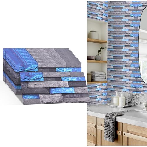 JUNART Fliesenaufkleber Selbstklebende Fliesen Küchenrückwandaufkleber, Dicke Selbstklebende PVC Fliesendeko für Küche, Herd, Badezimmer Wandfliesen Deko(30×15cm,12 Blatt,Blauer Kalkstein) von JUNART