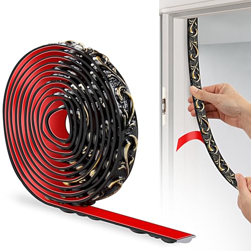 JUNART PVC Flexible Selbstklebende Zierstreifen, 300cm×2cm, 3D-Tapetenbordüren, Wandleisten Selbstklebend und Stuckleisten Wand Eignen Sich für Spiegelkanten, Schränke und Wände(Schwarz Gold) von JUNART