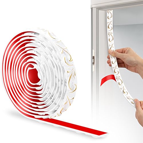 JUNART PVC Flexible Selbstklebende Zierstreifen, 300cm×2cm, 3D-Tapetenbordüren, Wandleisten Selbstklebend und Stuckleisten Wand Eignen Sich für Spiegelkanten, Schränke und Wände(Weiß Gold) von JUNART