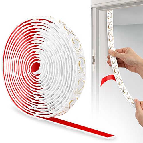JUNART PVC Flexible Selbstklebende Zierstreifen, 600cm×2cm, 3D-Tapetenbordüren, Wandleisten Selbstklebend und Stuckleisten Wand Eignen Sich für Spiegelkanten, Schränke und Wände(Weiß Gold) von JUNART